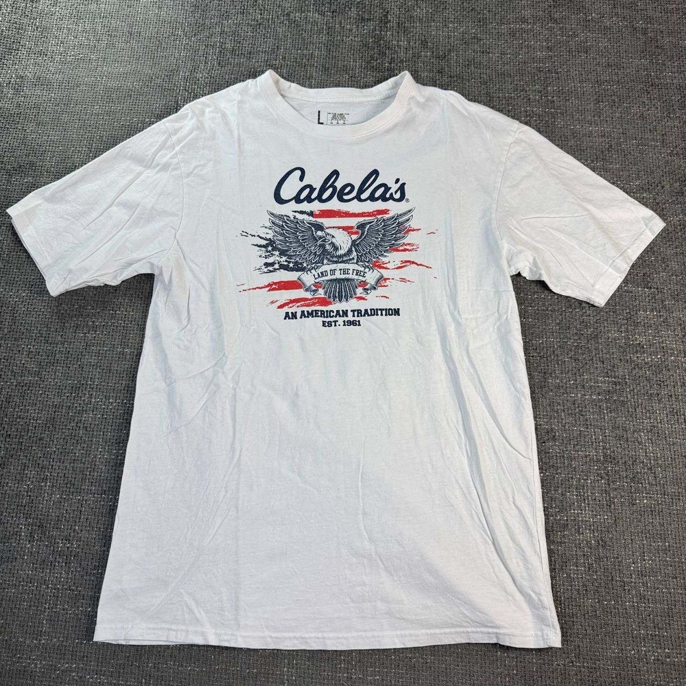 Cabela's Graphic T-Shirt Mens Large White Eagle Flag American Tradition Tee